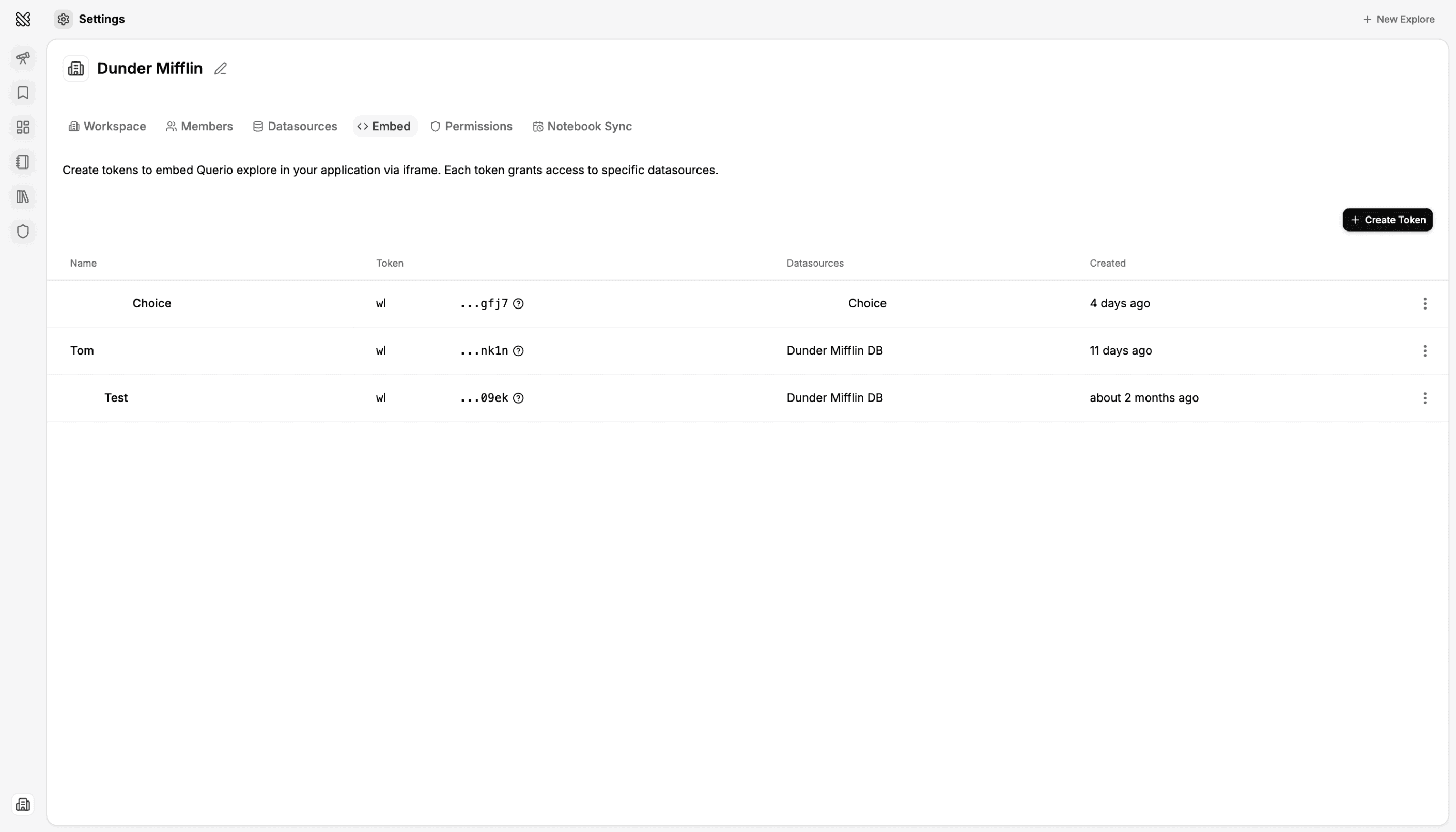 Workspace iframe token — create or copy token in the app