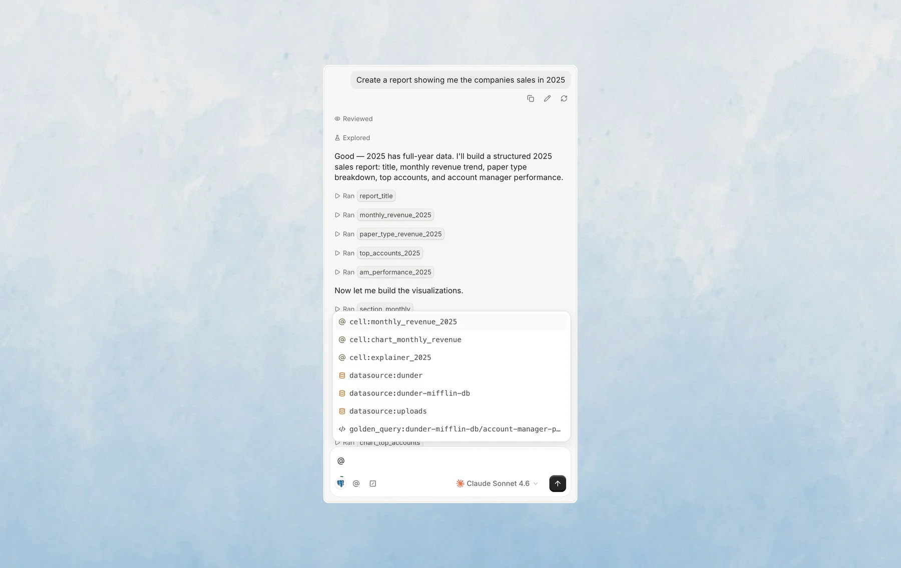 The Explore composer with the @ menu open, showing grouped mention options