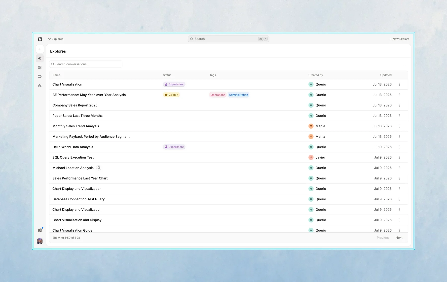 The sidebar with the Explores and Boards tabs showing a list of past work