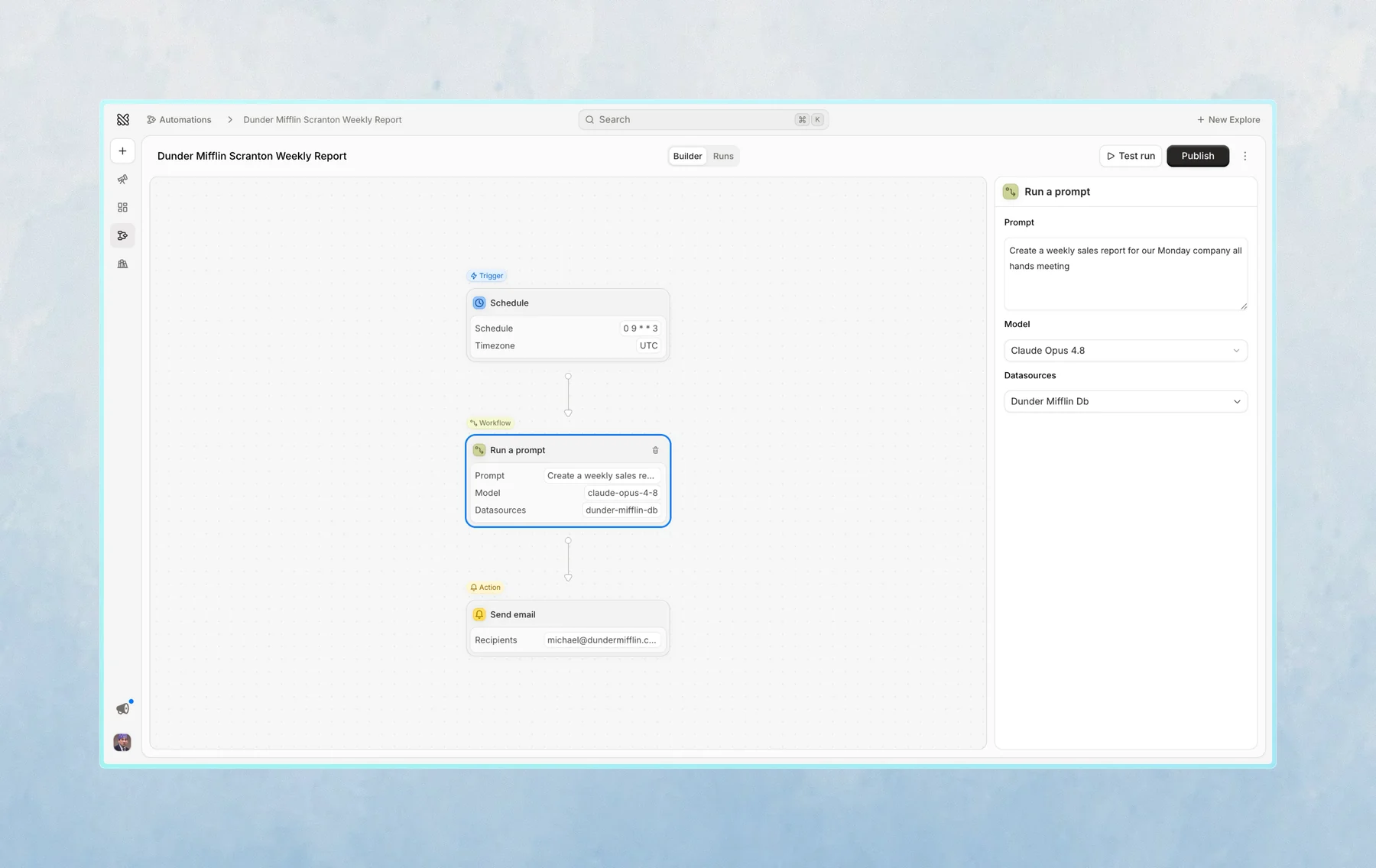 The automation builder showing its three parts: Trigger, Workflow, and Action