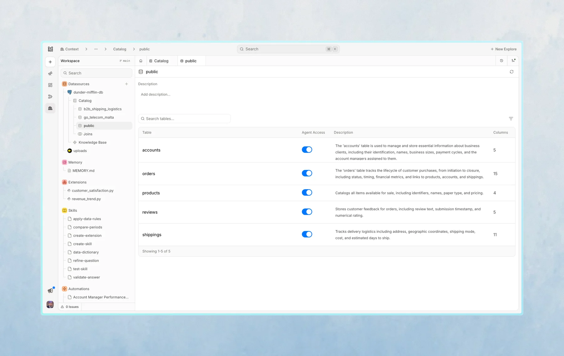 The Catalog view with its Schemas, Tables, Columns, and Joins tabs and the Refresh button
