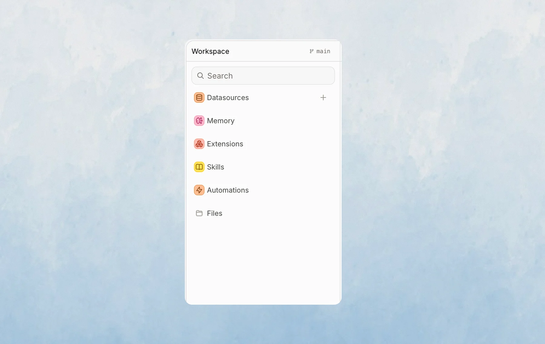 The Context tab with its five sections: Datasources, Memory, Extensions, Skills, and Files